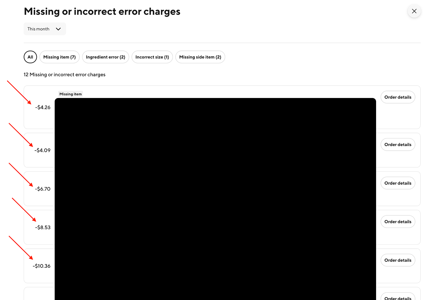 DoorDash error charges list