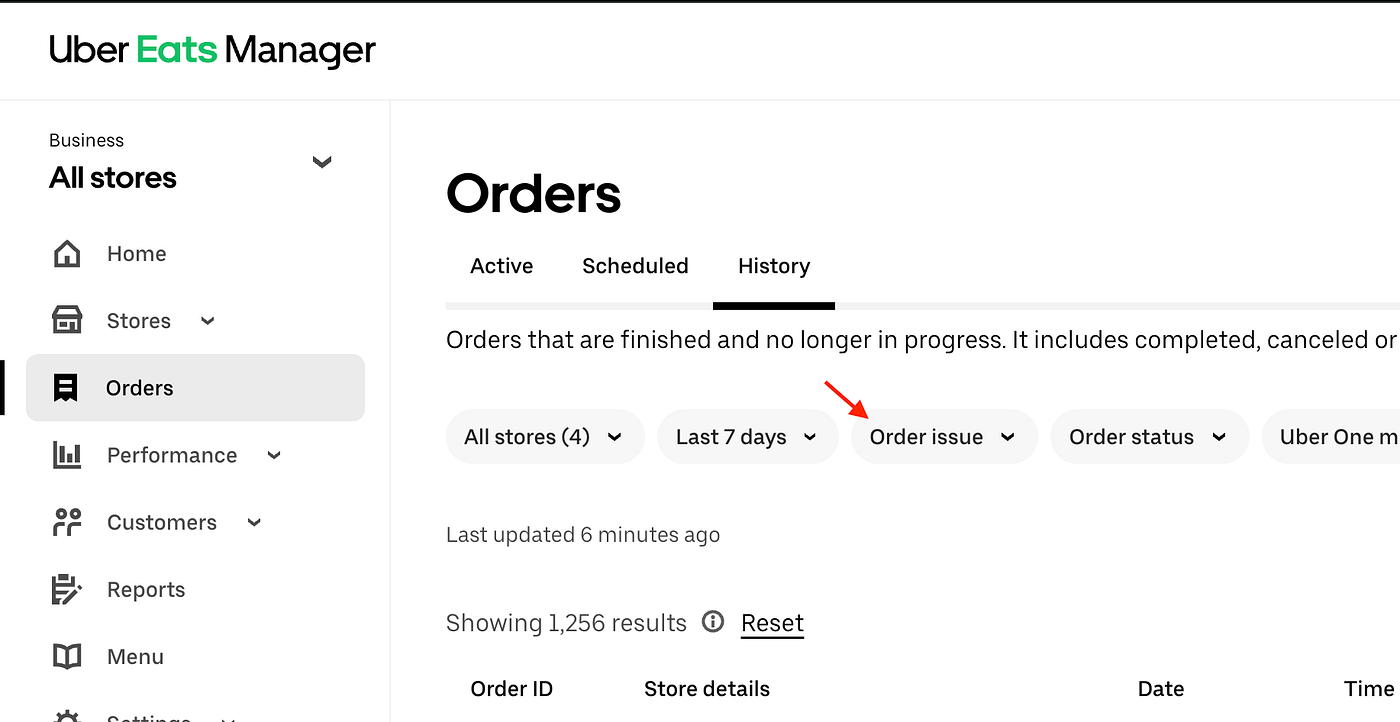 Uber Eats dashboard with order issues filter highlighted